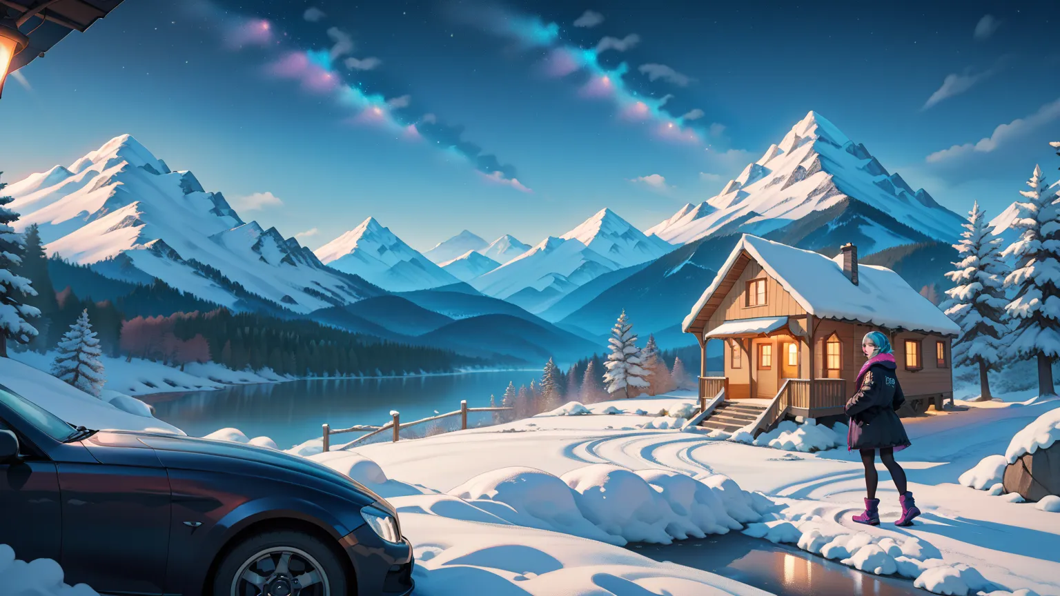 "An anime-style woman with violet eyes and pastel blue hair sits inside an off-road car parked on a snowy mountain trail under a starry night sky. She wears a practical black jacket, her excited expression reflecting the thrill of the journey. Outside, the...