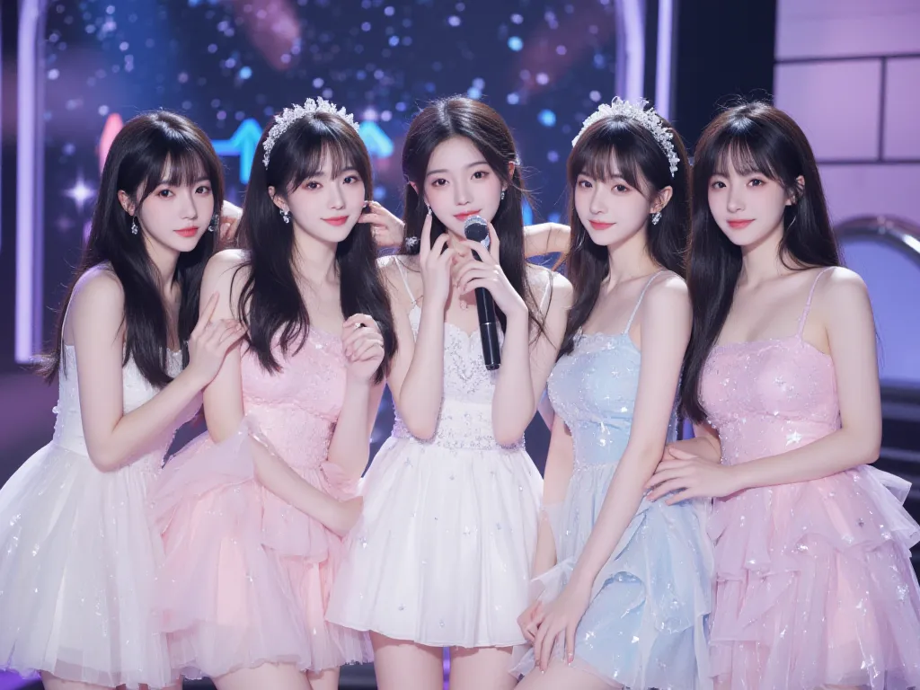 kpop girl group of 5 girls, each girl looks different, all of them have black hair, cute, one of the girls is Japanese, 3 of the girls is Korean, and 1 of the girls is Filipino photo, adorable, dreamy and glowy concept each member looks one of akind, reali...