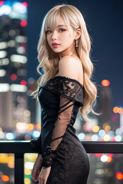 A high-resolution, realistic anime-style woman. Long, wavy platinum blonde hair with bangs, close to silver. Large, sparkling brown eyes with long eyelashes, pink blush, and glossy red lips. Wearing a black lace off-shoulder dress. The background shows a n...