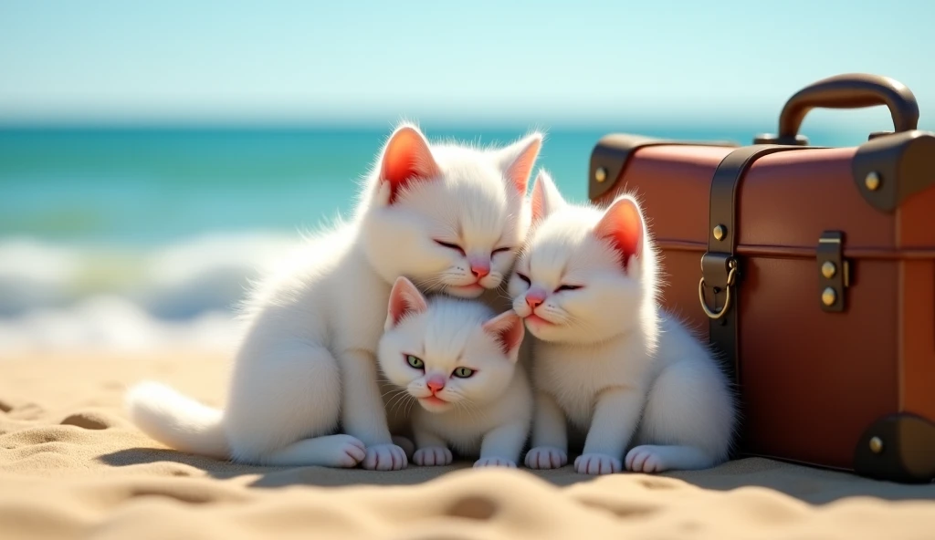 "A heartwarming scene of fluffy white kittens and mother cat cuddling on a sunny beach, their fur is soft and full of detail, expressive happy faces, soft lighting, ocean waves in the background, an antique suitcase next to them, very realistic fur texture...