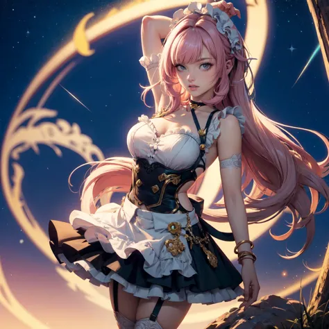 1girl, pink hair, harness, black dress, solo, ponytail, ahoge, armpits, bare shoulders, glow eyes, harness, maid dress with bare shoulder, chest sarashi, collarbone, garter on the legs, cowboy shot, stomach, strapless, white apron, maid dress, maid, streak...