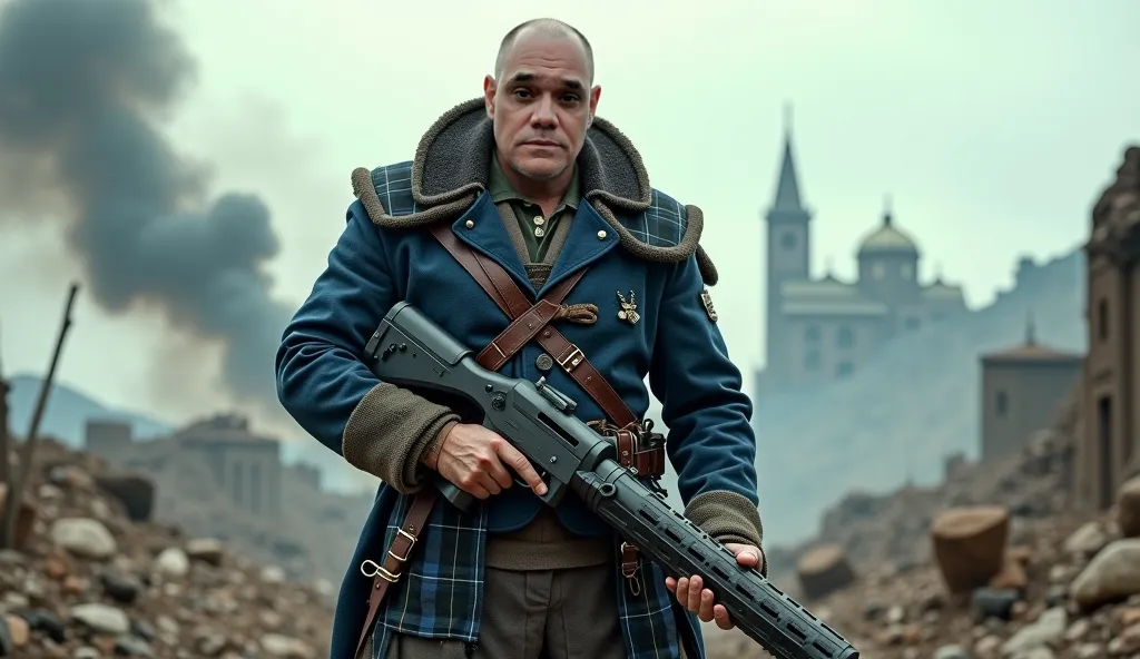 cinematic close up front shot of bald man, dark eyes, he wears traditional Scottish dirty and ragged futuristic blue and black checkered clothing and holds a large futuristic weapon in his hands, he is standing on a battlefield in the background lots of ru...