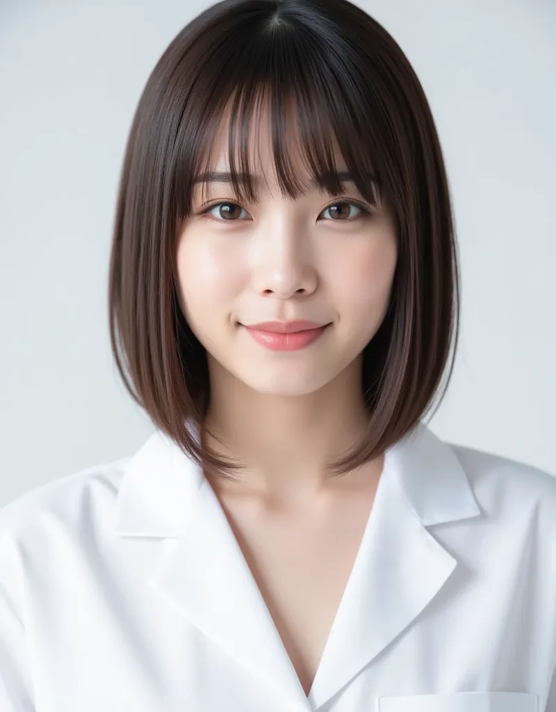 The face of a young and beautiful Japanese woman in a plain white nurse uniform. She is smiling gently. Ultra high resolution, super high quality photo.