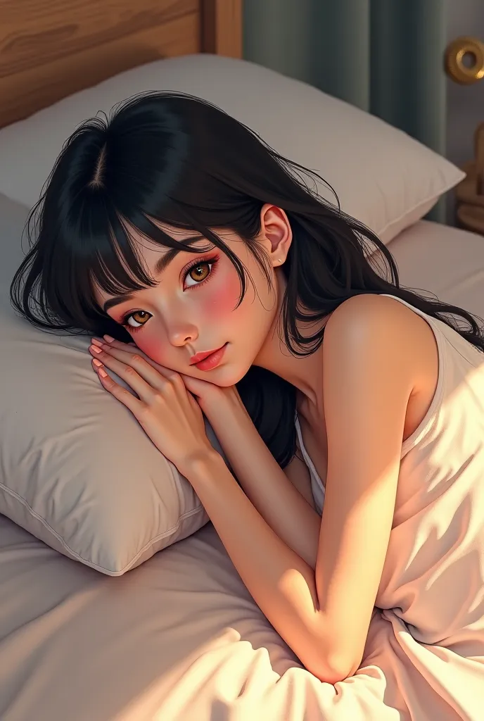 A young woman with tanned skin, light brown eyes and black hair. She is in her room, lying on your bed. She is wearing short and comfortable clothes. anime style.