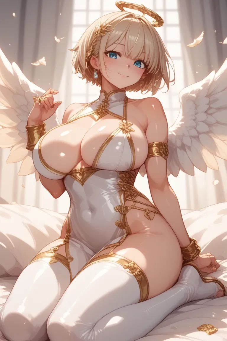 anime、cute、Big Breasts、 Gold、short hair、tsukishiroluna、Angel、angel、Wings from the back、Ring 、full bodyのアングル、 is flying、shiny skin、Kitten、null、cloud、full body