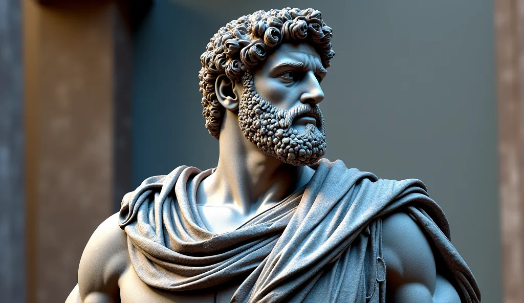 A portrait statue of the Stoic Marcus Aurelius blue purple gold white 488K,Face lateral, super realistic wallpaper,strong man,muscular
