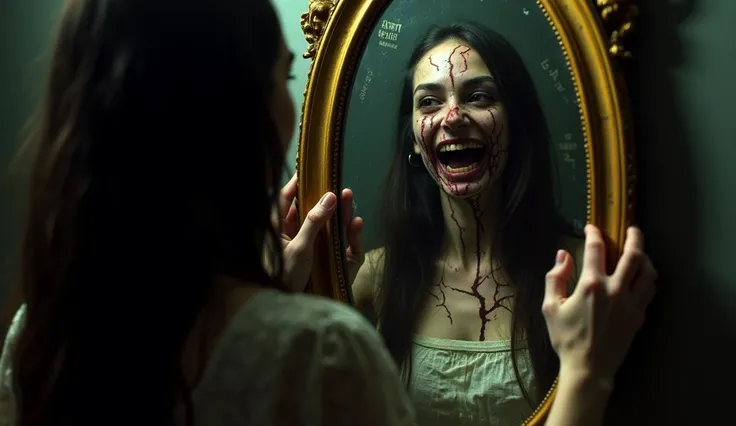 A young woman around twenty-four years old with long dark hair, standing alone in a dimly lit room, gazing into an antique mirror with a golden frame. Her real face looks terrified, but the reflection shows a horrifying version of herself: sunken, empty ey...