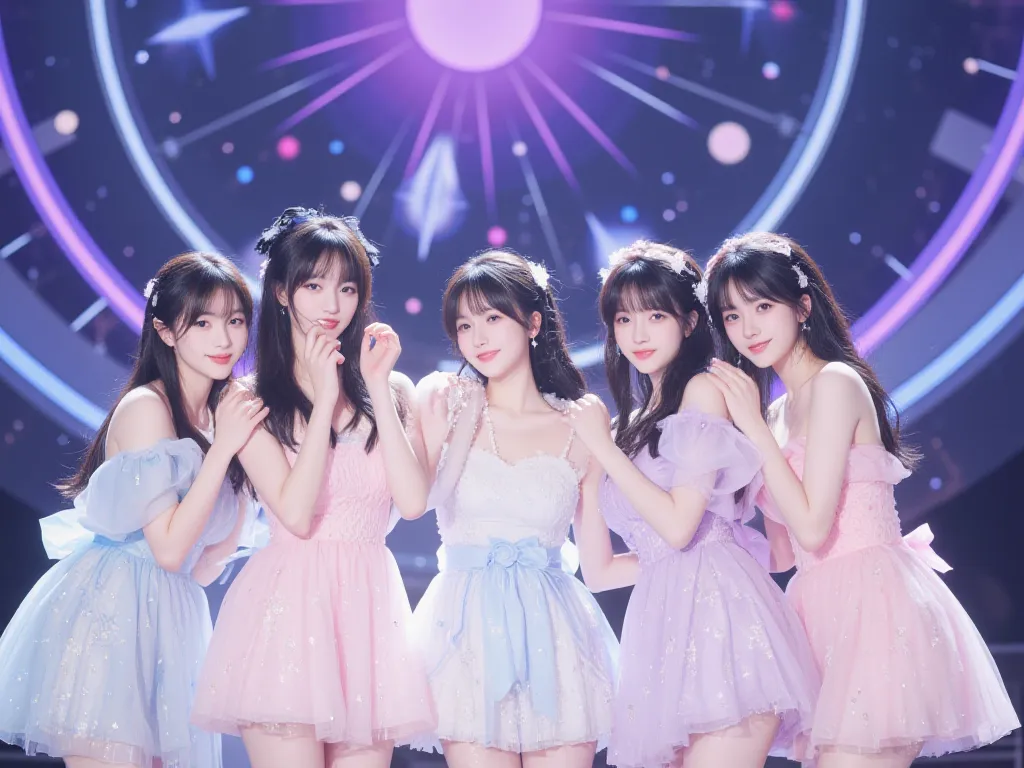 kpop girl group of 5 girls, each girl looks different, all of them have black hair, cute, one of the girls is Japanese, 3 of the girls is Korean, and 1 of the girls is Filipino photo, adorable, dreamy and glowy concept each member looks one of akind, reali...