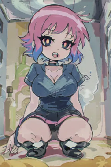 ((1girl, ScottPilgrim Style, 1girl, solo, short hair, bangs, shirt, medium breasts, blue hair, pink hair, short sleeves, sidelocks, multicolored hair, choker)), 
((indoors, black eyes, two-tone hair, blue shirt, t-shirt)), ((background: ramona's private ba...