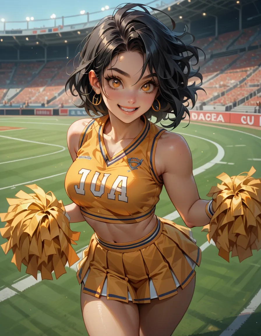 score_9, score_8_above, 1, Single, ((long straight black hair)), amber eyes, white skin, sexy cheerleader costume, big,,attractive thighs, big eyes looking at the observer, provocative, ((thick thighs)), smiling, background: stadium