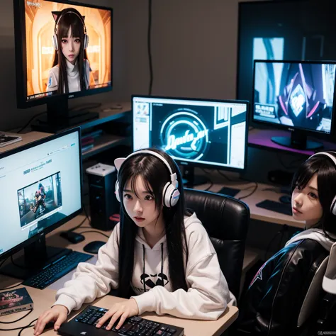 A cute anime-style gaming girl live-streaming in her high-tech gaming room. She wears oversized cat-ear headphones, a stylish hoodie, and has vibrant neon lights in the background. Her desk is filled with multiple monitors displaying a high-speed sci-fi ga...