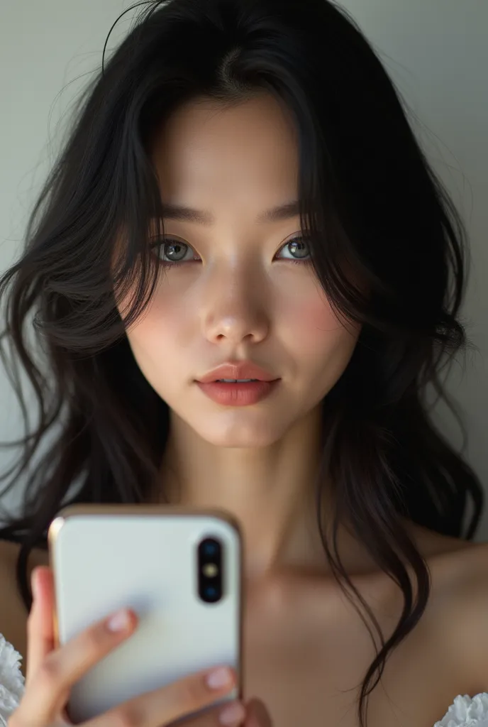 Create an image of a white girl with long black hair with light eyes, taking a selfie for Instagram 