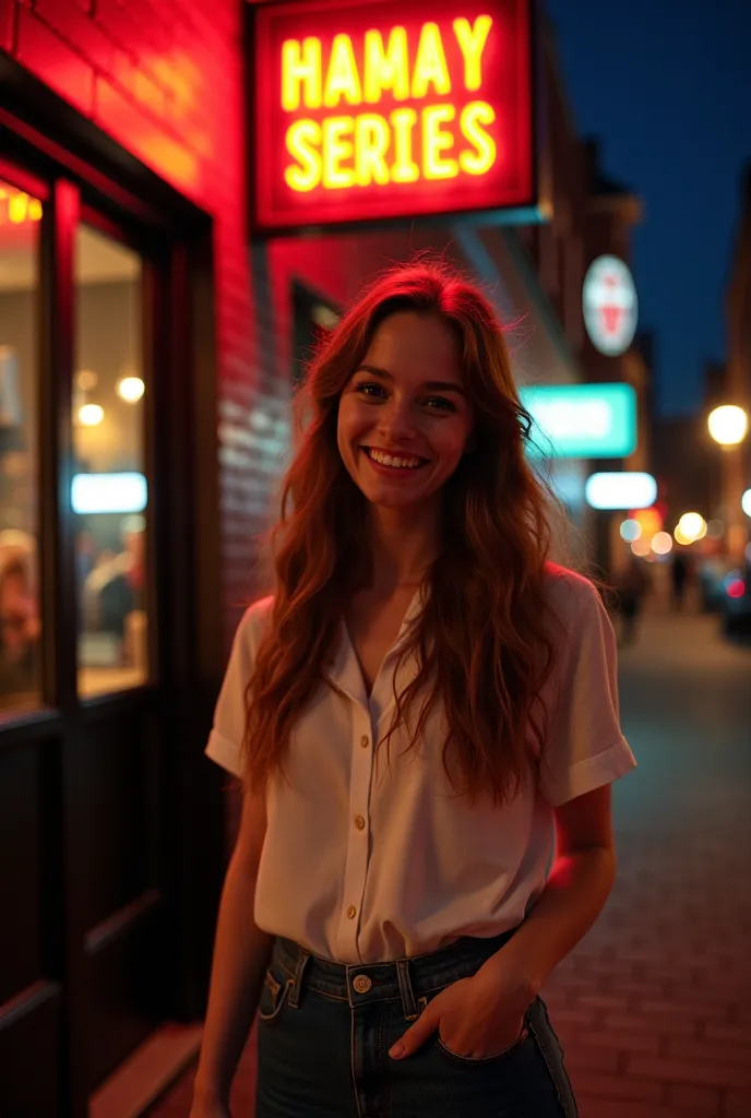 A photo of a 21-year-old woman in casual attire standing outside a pub at night. The photo should be casual and perfect for Instagram, with no photographic errors. The lighting should be warm and inviting, with the pub sign glowing in the background. The w...