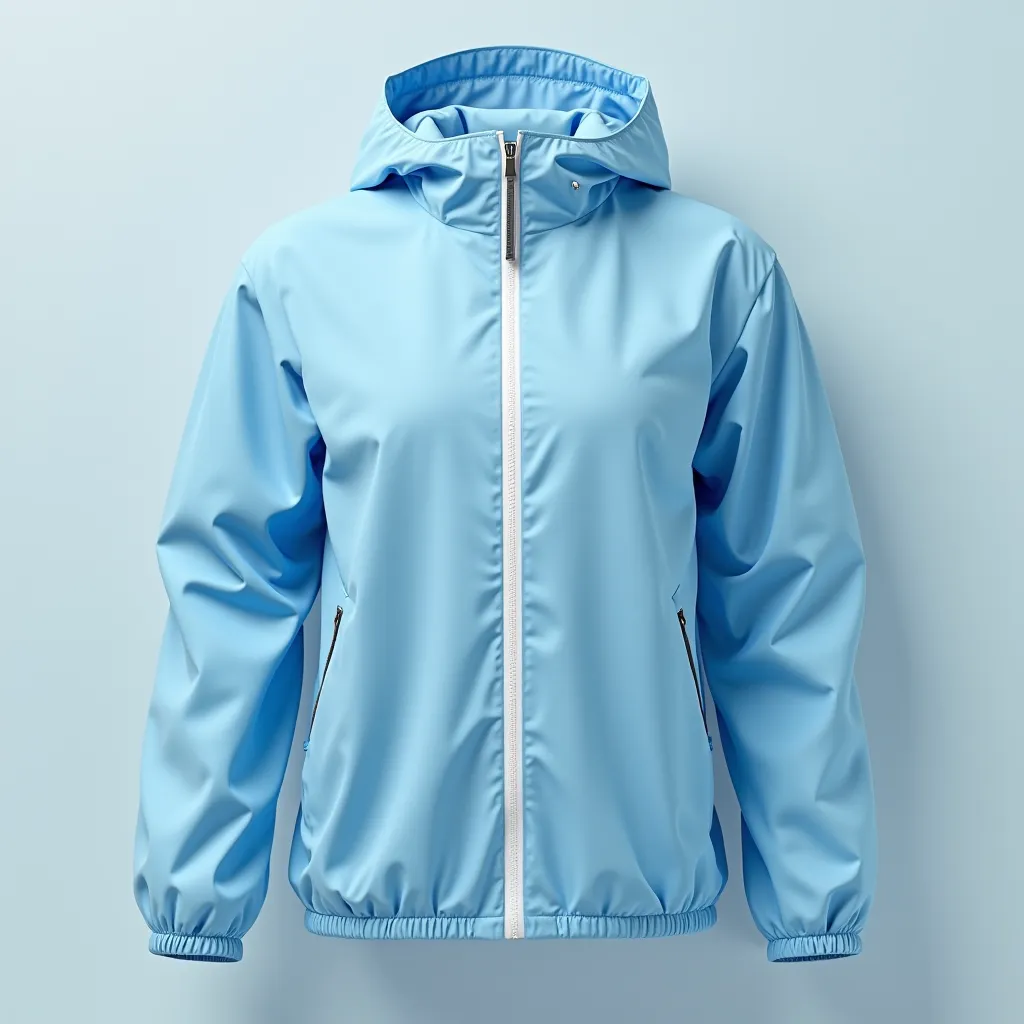 Create the model of a windbreaker jacket. It must be light blue with a white zipper. 