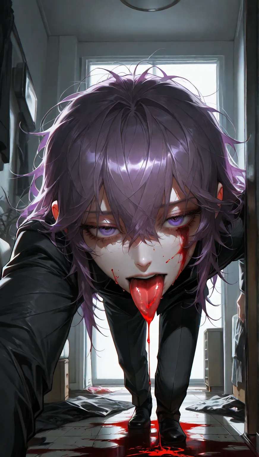 8k, masterpiece, best quality, ultra-detailed, high resolution, beautiful and flawless face, beautifully detailed eyes, eyelashes, a young man in his 20s, stick out one's tongue,Purple hair, hair between eyes,messy hair , dark rough clothing, splattered bl...