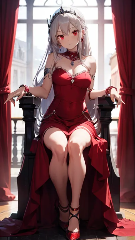 beautiful young lady, long silver hair, ruby-red eyes, long red dress, high heels, bare shoulders, throne, bracelets, necklace, earrings, hairpin, jewellery, gems, red nail polish, dark castle.