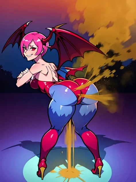 lilith aensland darkstalkers, standing, levitating, wings, pink hair, smiling, demon, leotard,, head wings, pantyhose, hornless, bend over, smile, leaning forward, farting, massive fart, viewing ass, outside