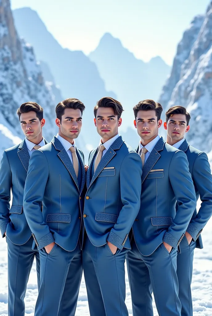 Create a male group with 5 members, with a snow-blue aesthetic, With blue jackets.