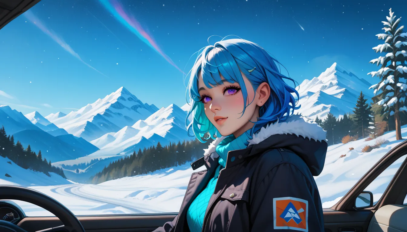 "An anime-style woman with violet eyes and pastel blue hair sits inside an off-road car parked on a snowy mountain trail under a starry night sky. She wears a practical black jacket, her excited expression reflecting the thrill of the journey. Outside, the...