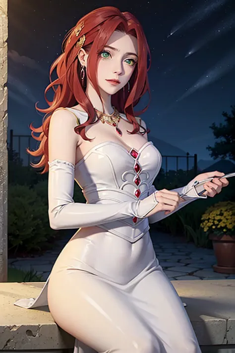 best quality, Ultra HD, Soft night lighting, best quality, breasts, focus on the face, a beautiful young princess with long red hair, red hair, calm expression, beautiful green eyes emerald,  head sideways (3 by 4), dressed in a white dress,  necklace and ...