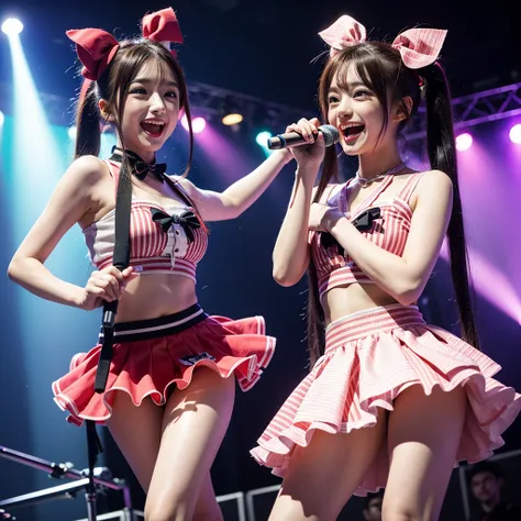 A cheerful anime girl with bright, sparkling eyes and twin-tails, wearing a colorful idol outfit with frills and ribbons. She is holding a microphone, singing on stage with vibrant lights shining around her, creating an energetic and lively atmosphere. Her...