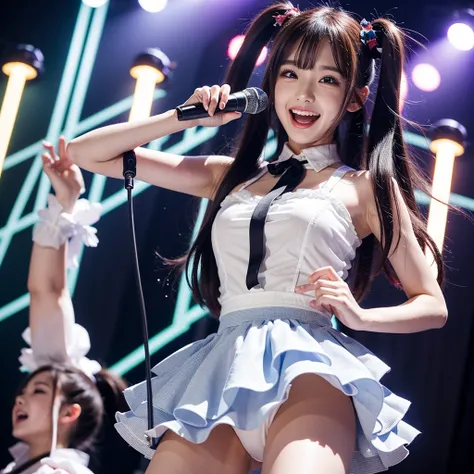 A cheerful anime girl with bright, sparkling eyes and twin-tails, wearing a colorful idol outfit with frills and ribbons. She is holding a microphone, singing on stage with vibrant lights shining around her, creating an energetic and lively atmosphere. Her...