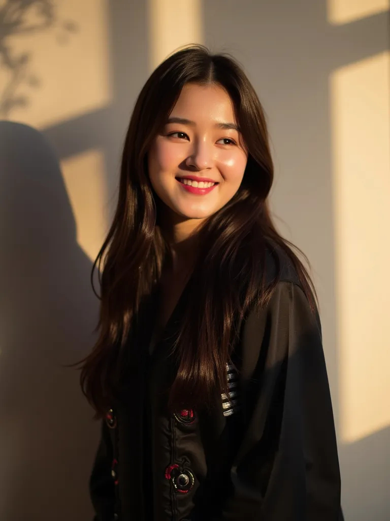 
A radiant Korean beauty proudly wears a satin silk black Punjabi-style nighty adorned with intricate embroidery, paired with a flowing dupatta wrapped elegantly around her head. Her bright smile illuminates the frame as she confidently poses in front of a...