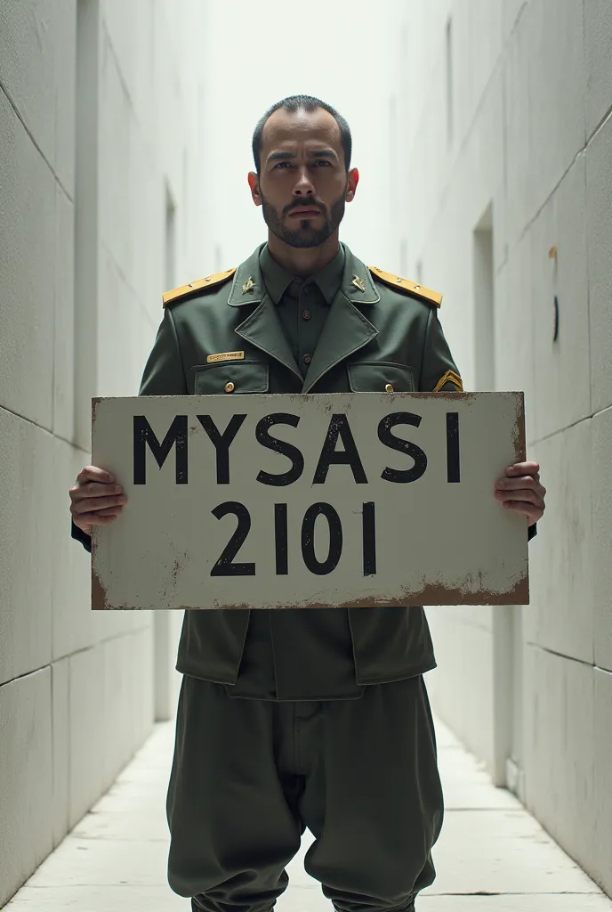 I'll draw a soldier holding a sign with the inscription MYSASI 2101 drawing