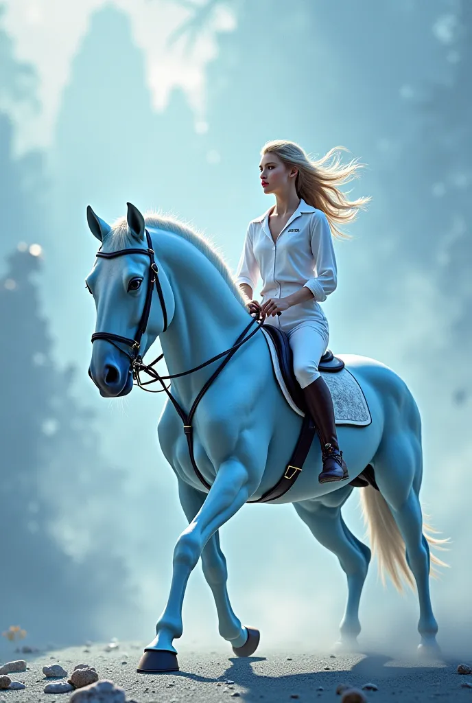 Rider riding a light blue horse with a plaque with the name Yulissa in large letters