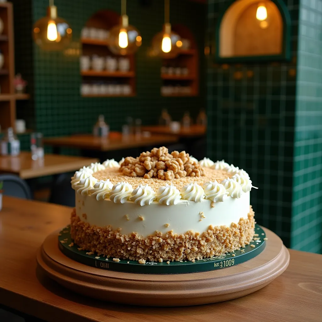  Create a cake with walnut dough and coconut filling and fudge filling.  Finished with whipped cream and crushed walnuts on the sides of the cake. On top with walnuts and grated coconut flakes. The cake is inside a dark green wooden plate with a large tran...