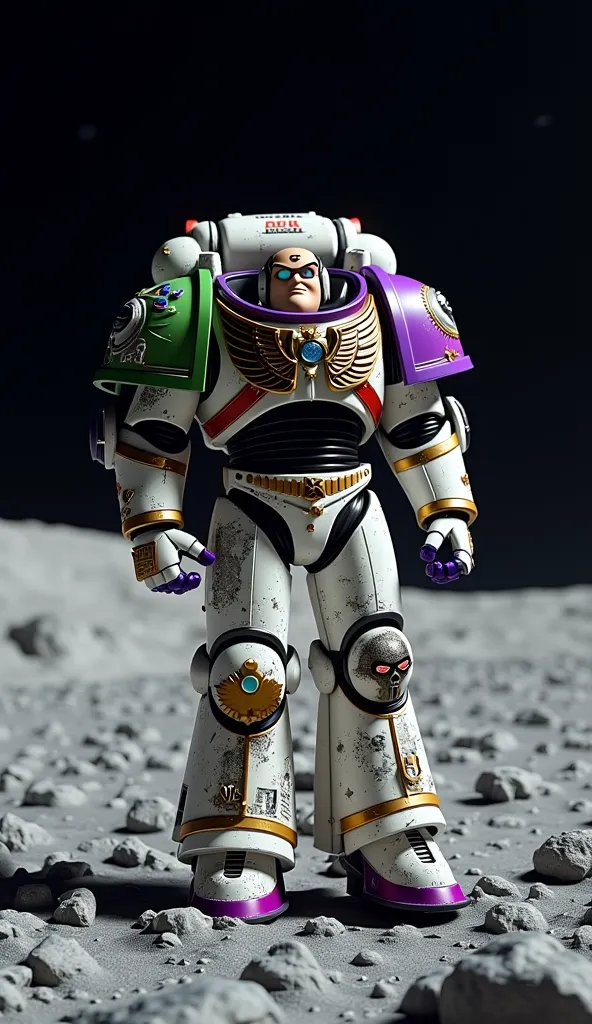 ((Hyperrealistic)) ((Photorealistic))  surface of the Moon. Add "Buzz Astral from Toy Story" and Adeptus Astartes hybrid character in white/purple/green/red colors of armor.