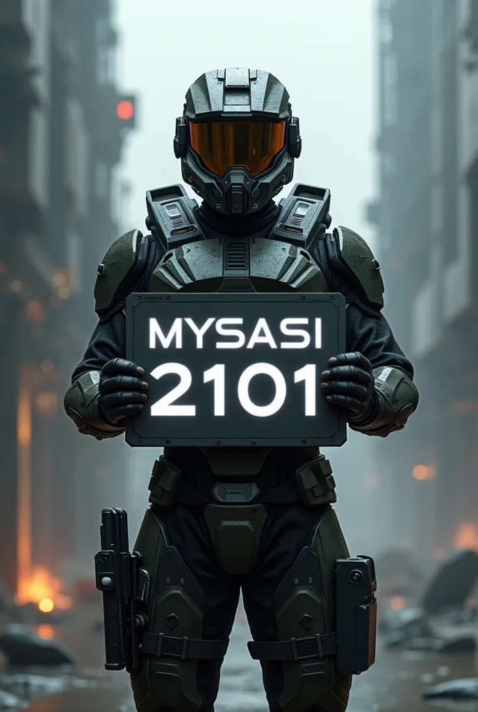 I'll draw a soldier wearing a helmet holding a sign with the words MYSASI 2101 drawing