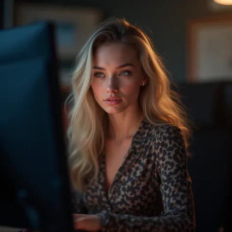 beautiful girl with long blond hair, detailed eyes, nose, and lips,  computer in professional , sitting in his office, using your computer, HP  (best quality,4K,8 k,High resolution, Masterpiece :1.2),super detailed bolt,(realistic,photorealistic,photo-real...