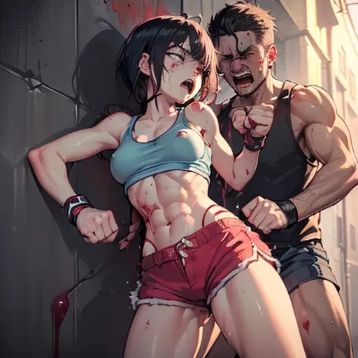 (((((a cute crying and screaming bloody girl fighter is being beaten to a pulp by a man in the backstreet))))). (((A man is punching into a cute girl fighter's belly from her front))). (((((his fist is digging into her belly))))). (((One of a girl fighter'...