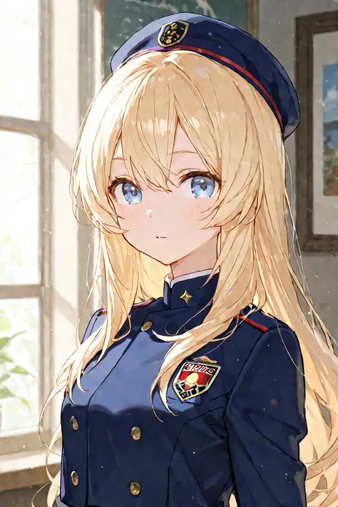 long blond hair blue eyes wears uniform 