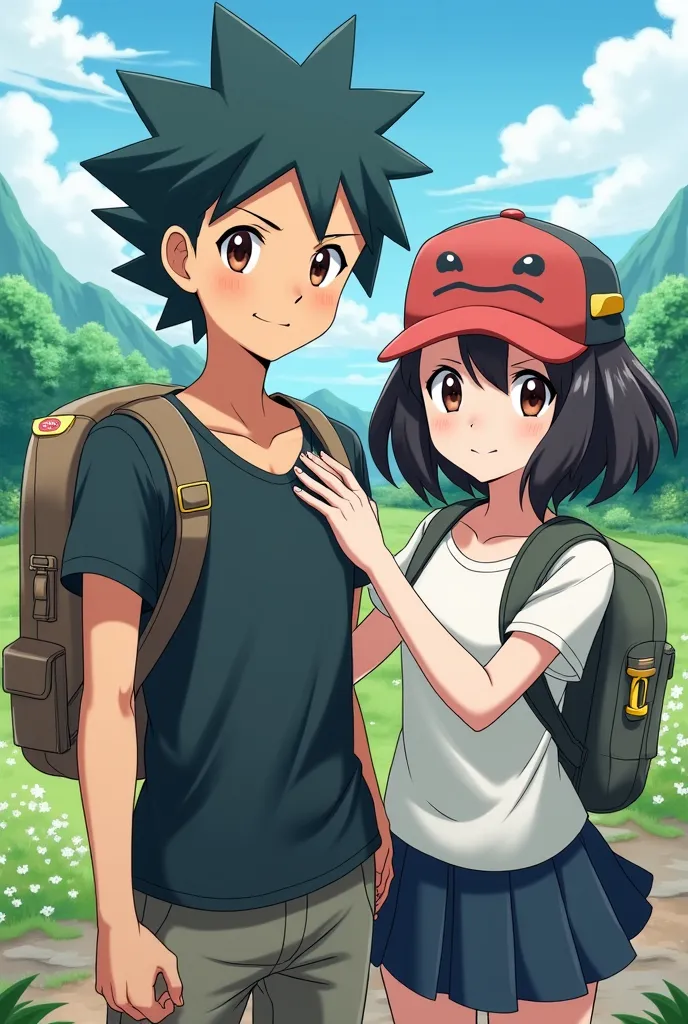 Let them be Pokémon trainers and the boy has slightly longer hair, Pokemon card anime style both the boy and the girl are 20 years old 