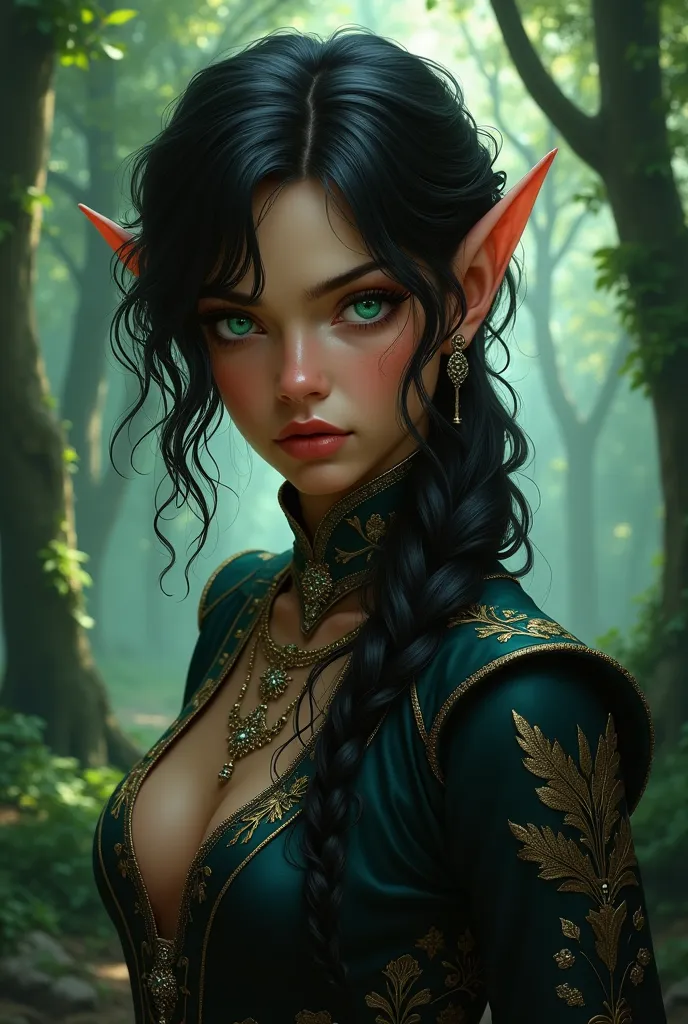 (masterpiece), the best quality, dark elf, tanned skin,  femboy , cute boy, 1 , curly hair, black hair, long hair, green eyes,  femboy fashion, Elf prince tunic, bulto, deep forest scenario