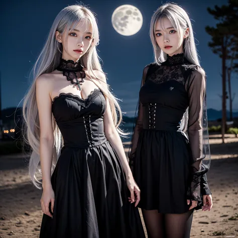 A beautiful anime girl with silver hair and deep blue eyes, wearing a stylish black gothic outfit with lace and silver accessories. She stands under the moonlight, with a mysterious aura, looking slightly away with a confident and alluring expression.