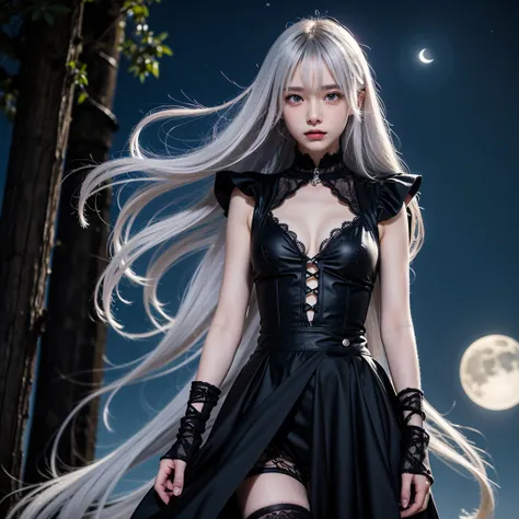 A beautiful anime girl with silver hair and deep blue eyes, wearing a stylish black gothic outfit with lace and silver accessories. She stands under the moonlight, with a mysterious aura, looking slightly away with a confident and alluring expression.