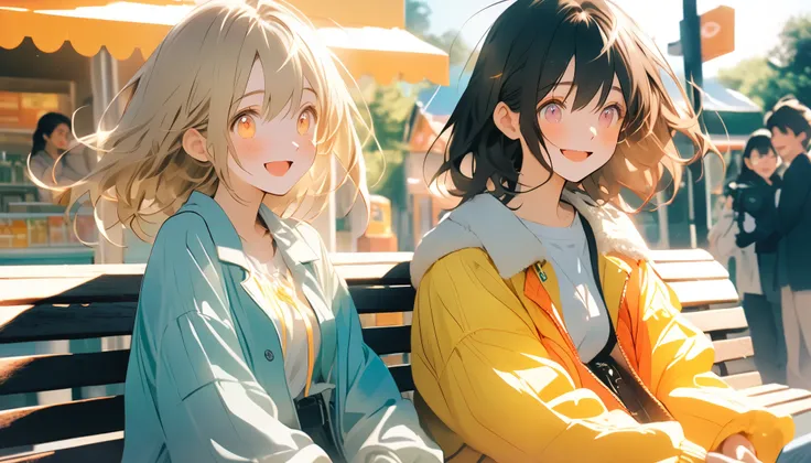 They laugh together on a park bench. They buy lemonade at a convenience store. Their eyes meet at some random moment and they laugh together. Direction: The protagonist's past selves appear as transparent overlays around the protagonist in the present. Cam...