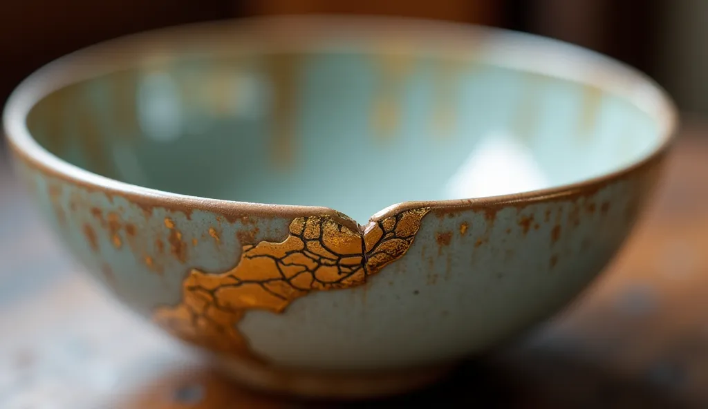 A close-up of a cracked ceramic bowl repaired using the Japanese Kintsugi technique, with golden seams highlighting the imperfections. The image symbolizes acceptance of flaws and the beauty found in things that have history and character.