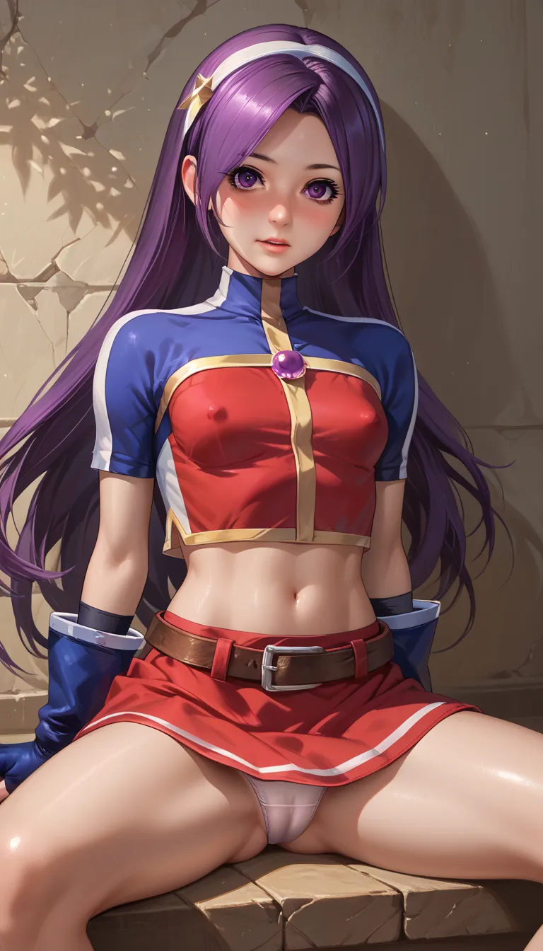 Masterpiece, best quality,petite girl,ATHKOF2002, purple hair, long hair, purple eyes, white hairband, blue sleeves, pearl (gemstone), short sleeves, red top, belt, fingerless gloves, navel, red skirt, white panties, cameltoe, nose blush, solo,, midriff,be...