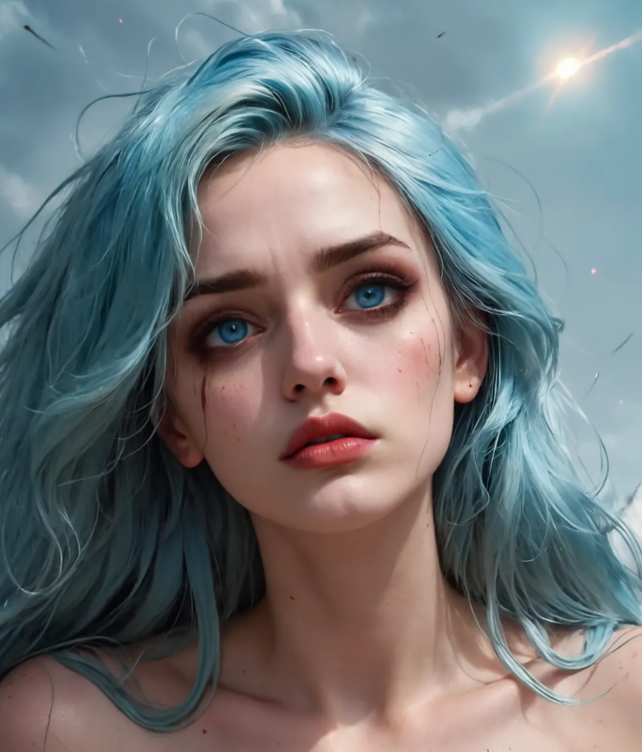 a close up of a girl with blue hair, sky blue hair, sad face, beautiful eyes, lips, nose, fallen angel, defeated look, worn out naked warrior, dark blue eyes, red lips, high quality, hd texture, realistic texture