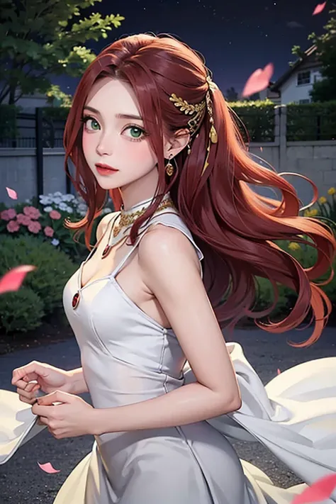 best quality, Soft night lighting, best quality, small breasts, Focus only on the face , a beautiful princess with long  red hair,  red hair, calm expression, mouth gently opened, beautiful green eyes emerald,   head to the side  (3 by 4), dressed in a lon...