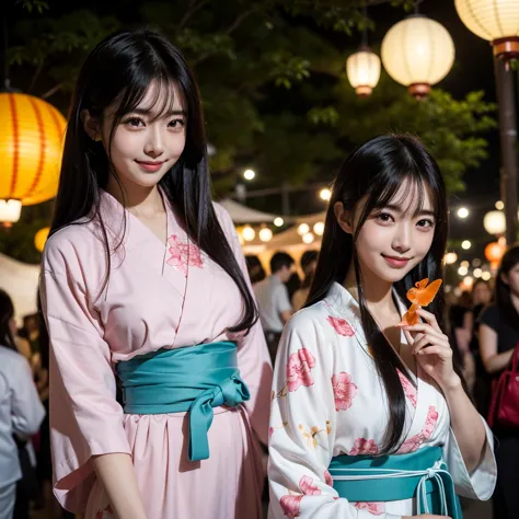 A lovely anime girl with long, flowing black hair, wearing a beautiful floral yukata. She holds a small paper fan and a goldfish bag while walking through a Japanese summer festival at night, surrounded by glowing lanterns and fireworks. Her soft smile and...