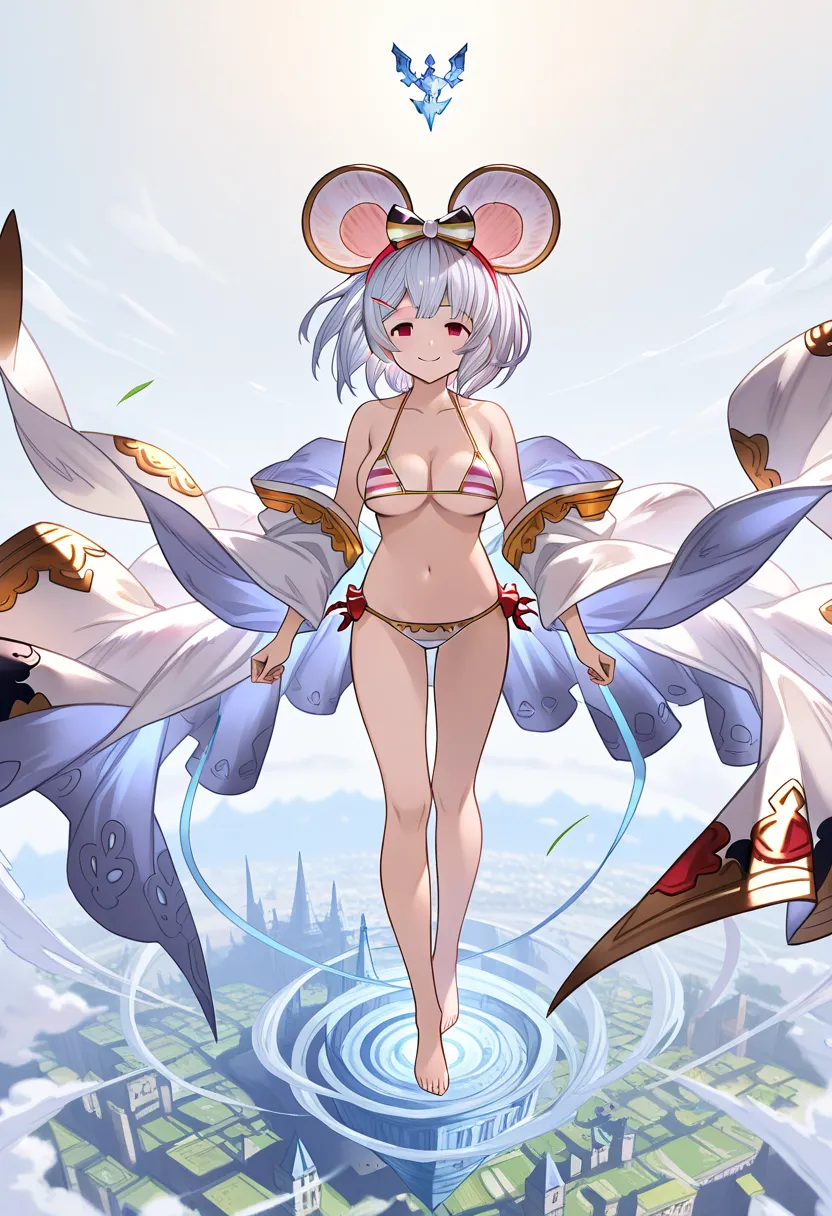 A Floating City, waiting for someone ,Wind, , large breasts,   1bikkygbf, Vikala (Granblue Fantasy) white hair, short hair, fake animal ears, mouse ears, hair bow, hairband, , hairclip, , empty eyes, MICRO Bikini, , solo, full body, smile