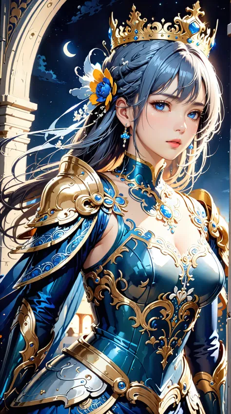 ((Top Quality)),( super high resolution ),(very well detailed),( detailed description),(( best CG )),(masterpiece), Ultra Detailed Art ,AMAZING PAINTING ART,(Art with Delicate Details:1.5), woman:1.5, beautiful well-groomed face, sky blue night armor, Elab...