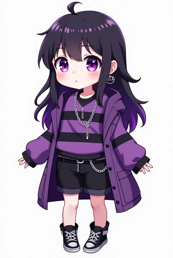 Of course! Here is a detailed description of the character in the image:

The character is a stylized girl with a look inspired by anime and gothic fashion. She has long, dark hair with vibrant purple highlights, that are partially stylized upwards, giving...