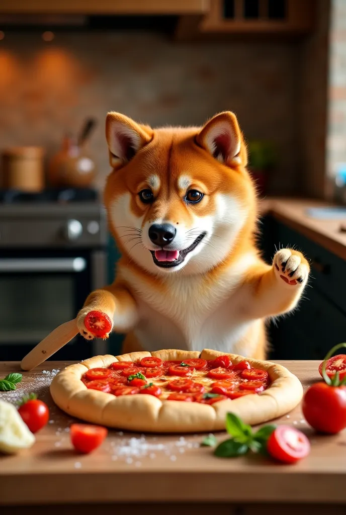 "Un Shiba Inu adorable et expressif en train d’étaler de la sauce tomate sur une pâte à pizza avec une cuillère en bois. Il tient un bol de sauce dans l'autre patte, et une trace de sauce est visible sur son visage, ajoutant une touche amusante et réaliste...