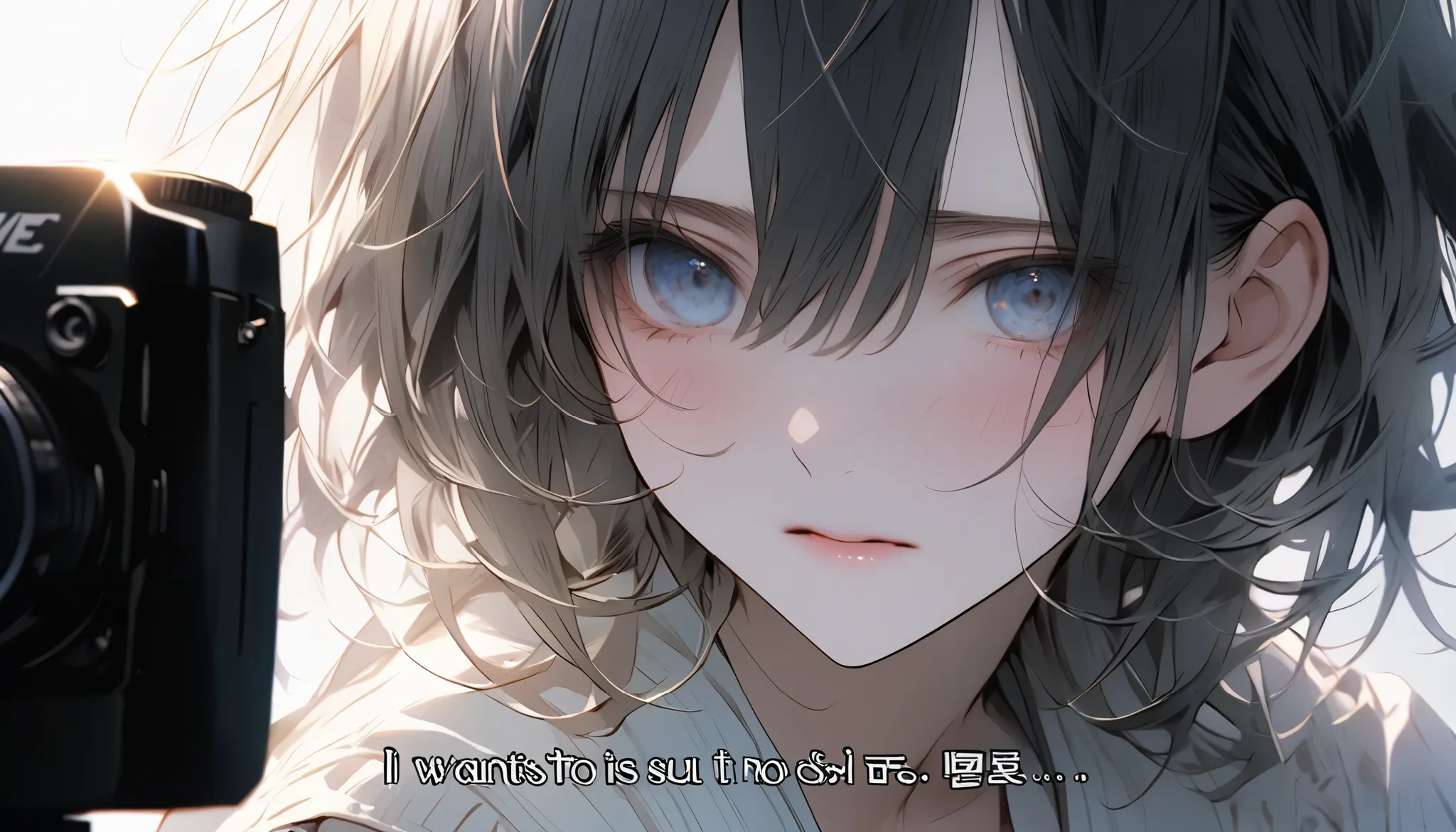 Scene: The screen slowly goes dark, and at the end the subtitle "I want to see you" fades in.
Direction: The protagonist mutters the words, but there is no sound.
Camera: Close-up of the protagonist's face → fades out.